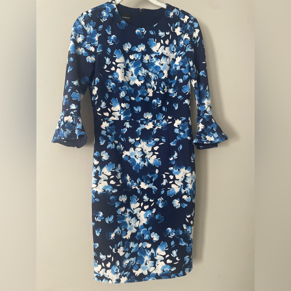 Donna Morgan Blue and White Floral Long Sleeve Dress